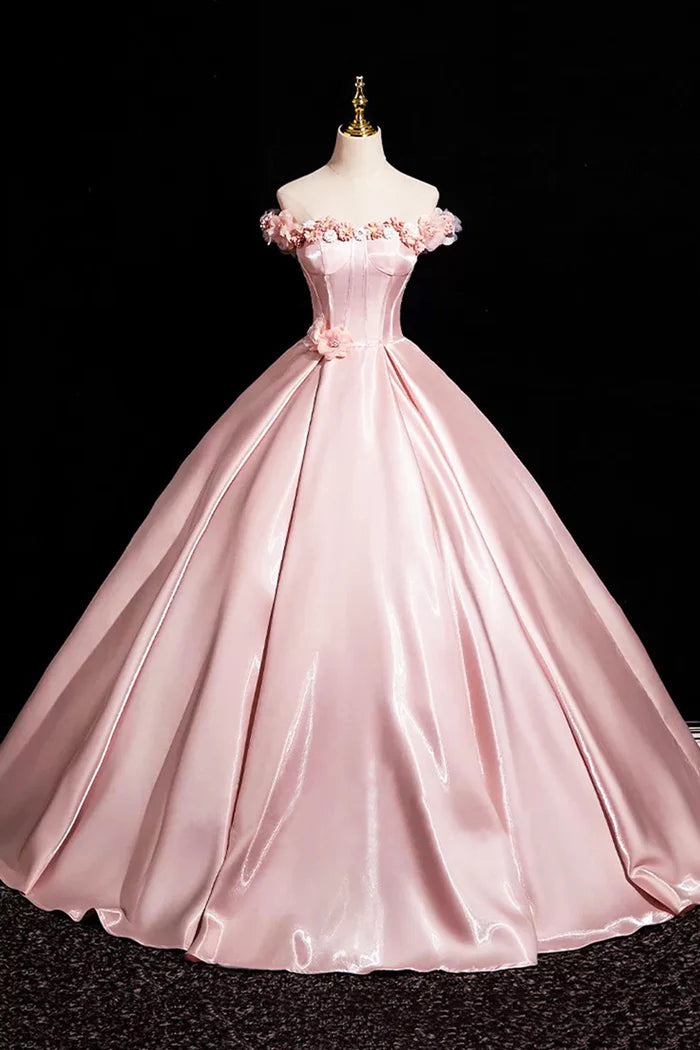 Pink A-Line Off Shoulder Satin Long Prom Dress, Beautiful A-Line Off The Shoulder Party Dress Main image