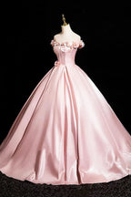 Pink A-Line Off Shoulder Satin Long Prom Dress, Beautiful A-Line Off The Shoulder Party Dress