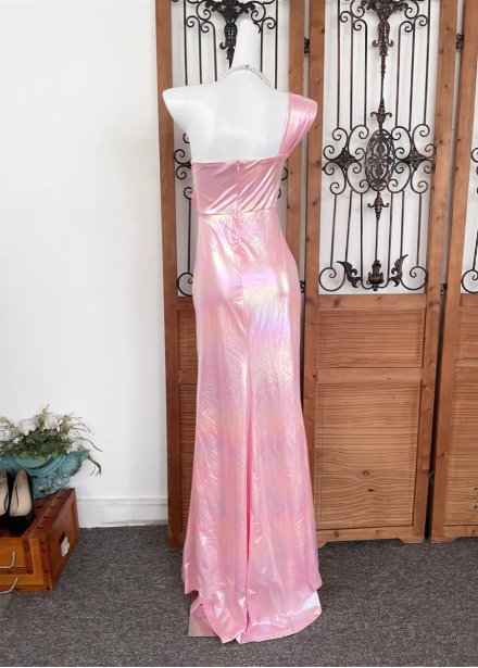 Iridescent Pink Mermaid One-Shoulder 3D Floral Slit Satin Long Prom Dress Evening Dress Secondary image