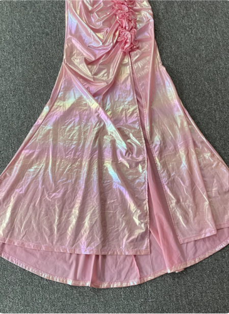 Iridescent Pink Mermaid One-Shoulder 3D Floral Slit Satin Long Prom Dress Evening Dress
