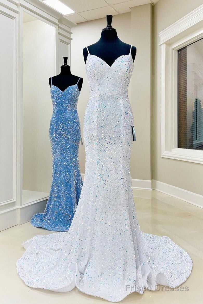Iridescent Sequin White Prom Dresses Mermaid Long Formal Dress Spaghetti Straps Main image