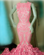 Iridescent Sequins Pink Rosette Mermaid Formal Prom Dress