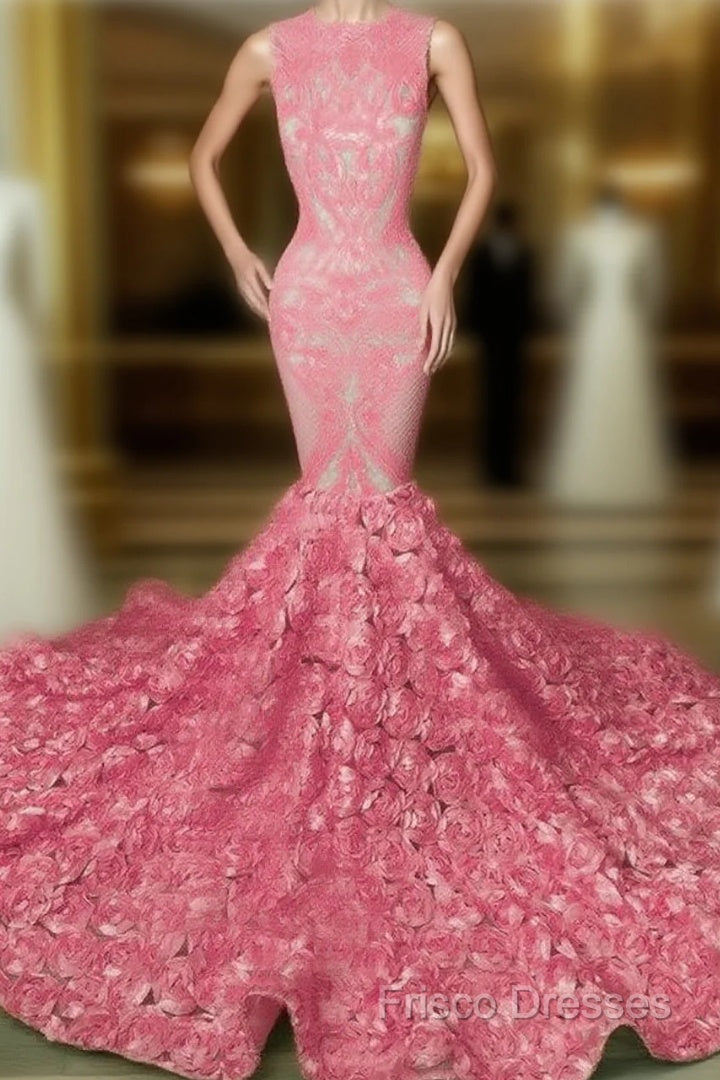 Iridescent Sequins Pink Rosette Mermaid Formal Prom Dress