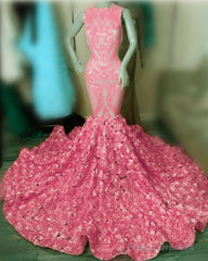 Iridescent Sequins Pink Rosette Mermaid Prom Dresses