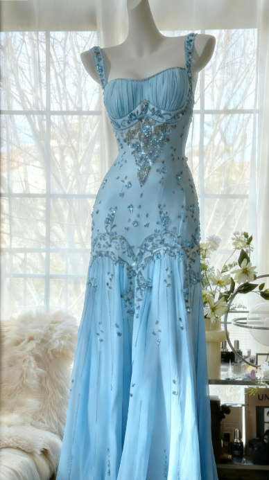 Ivory A Line Straps Beaded Chiffon Long Prom Dress Graduation Prom Dress