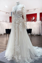 Ivory A-line Tulle Long Sleeves Lace Appliques Open Back Wedding Dress