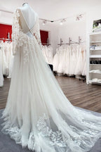 Ivory A-line Tulle Long Sleeves Lace Appliques Open Back Wedding Dress