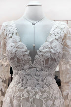 Ivory A-line Tulle Long Sleeves Lace Appliques Open Back Wedding Dress