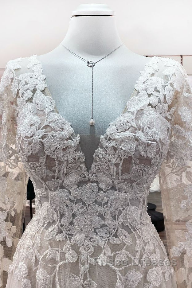 Ivory A-line Tulle Long Sleeves Lace Appliques Open Back Wedding Dress