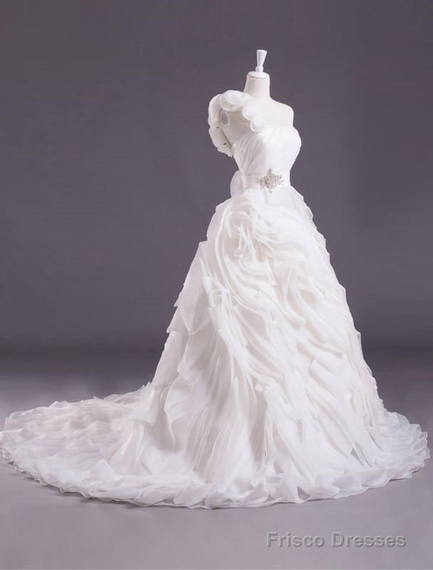 Ivory Ball Gown One-Shoulder Flower Court Train Wedding Dress Secondary image