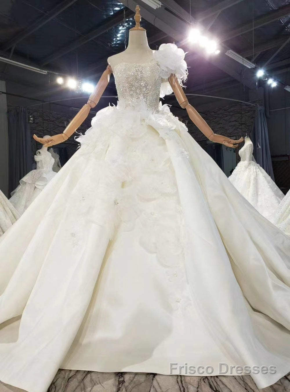 Ivory Ball Gown Satin One Shoulder Beading Sequins Wedding Dress Main image