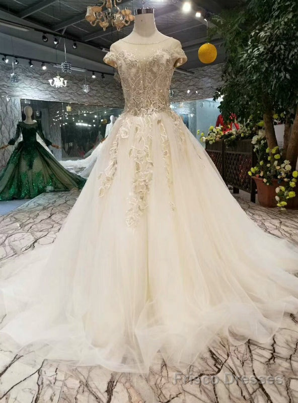 Ivory Ball Gown Tulle Bateau Cap Sleeve Backless Wedding Dress With Beading Main image