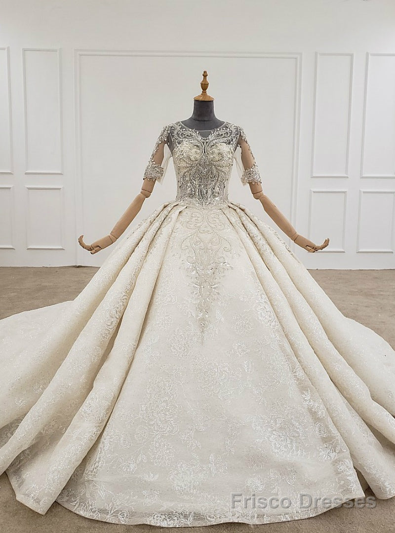 Ivory Ball Gown Tulle Sequins Short Sleeve Backless Beading Wedding Dress Main image