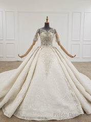 Ivory Ball Gown Tulle Sequins Short Sleeve Backless Beading Wedding Dress