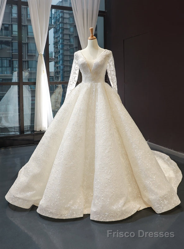 Ivory Ball Gown V-neck Long Sleeve Appliques Backless Wedding Dress Main image