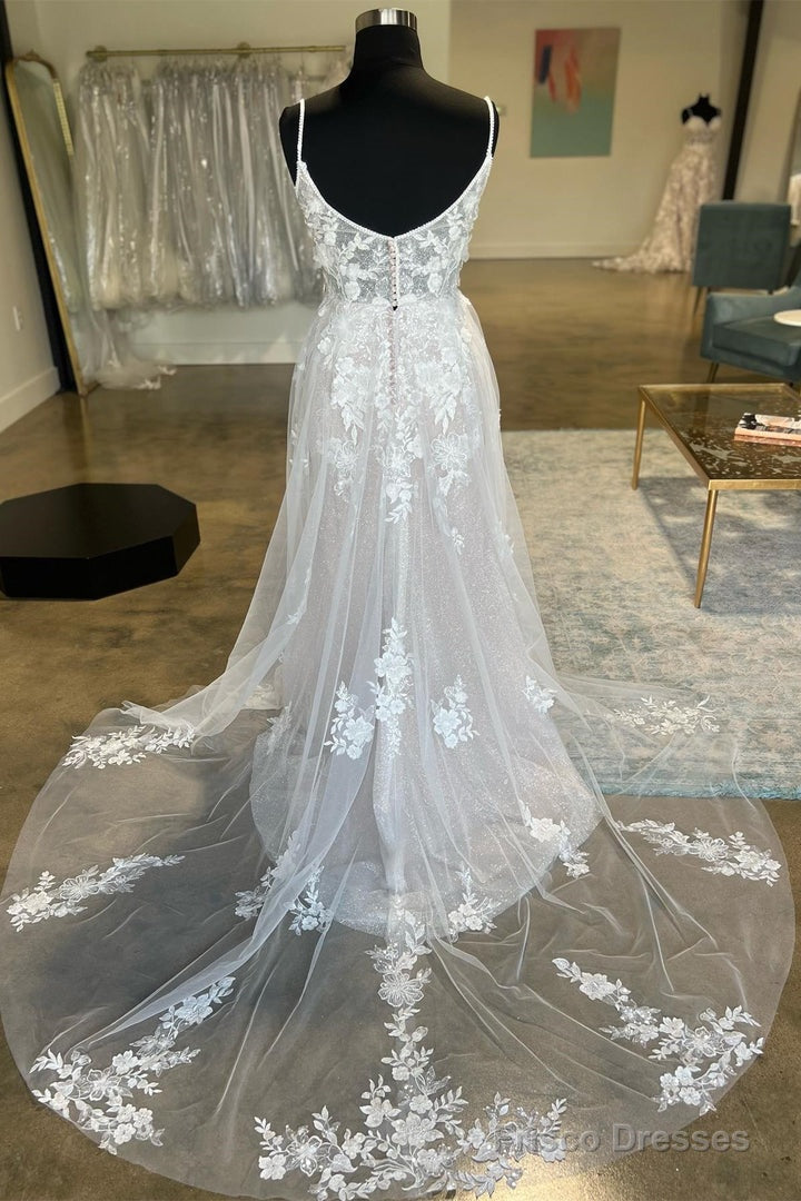 Ivory Floral Lace Spaghetti Strap Long Bridal Gown Wedding Dresses Secondary image