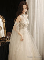 Ivory High Neckline Beaded Tulle A-Line Long Party Dress, Ivory Tulle Prom Dress