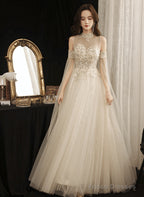 Ivory High Neckline Beaded Tulle A-Line Long Party Dress, Ivory Tulle Prom Dress