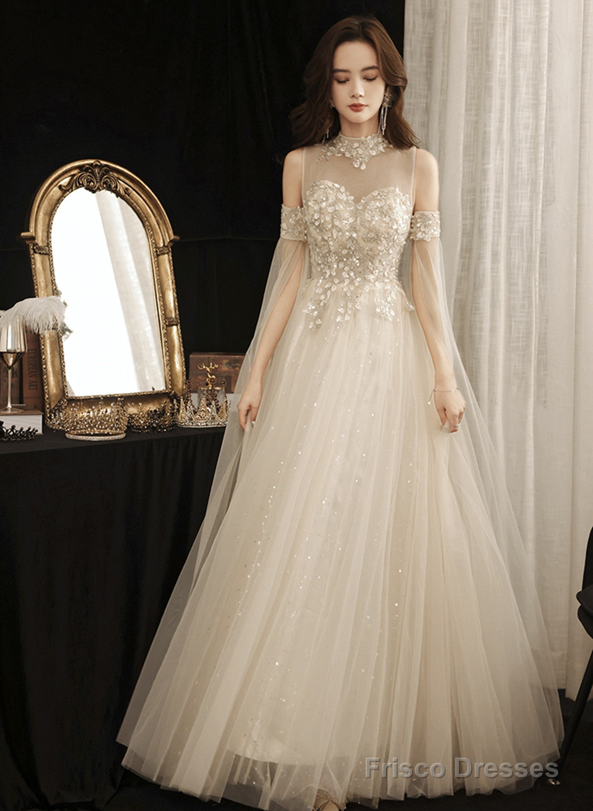 Ivory High Neckline Beaded Tulle A-Line Long Party Dress, Ivory Tulle Prom Dress