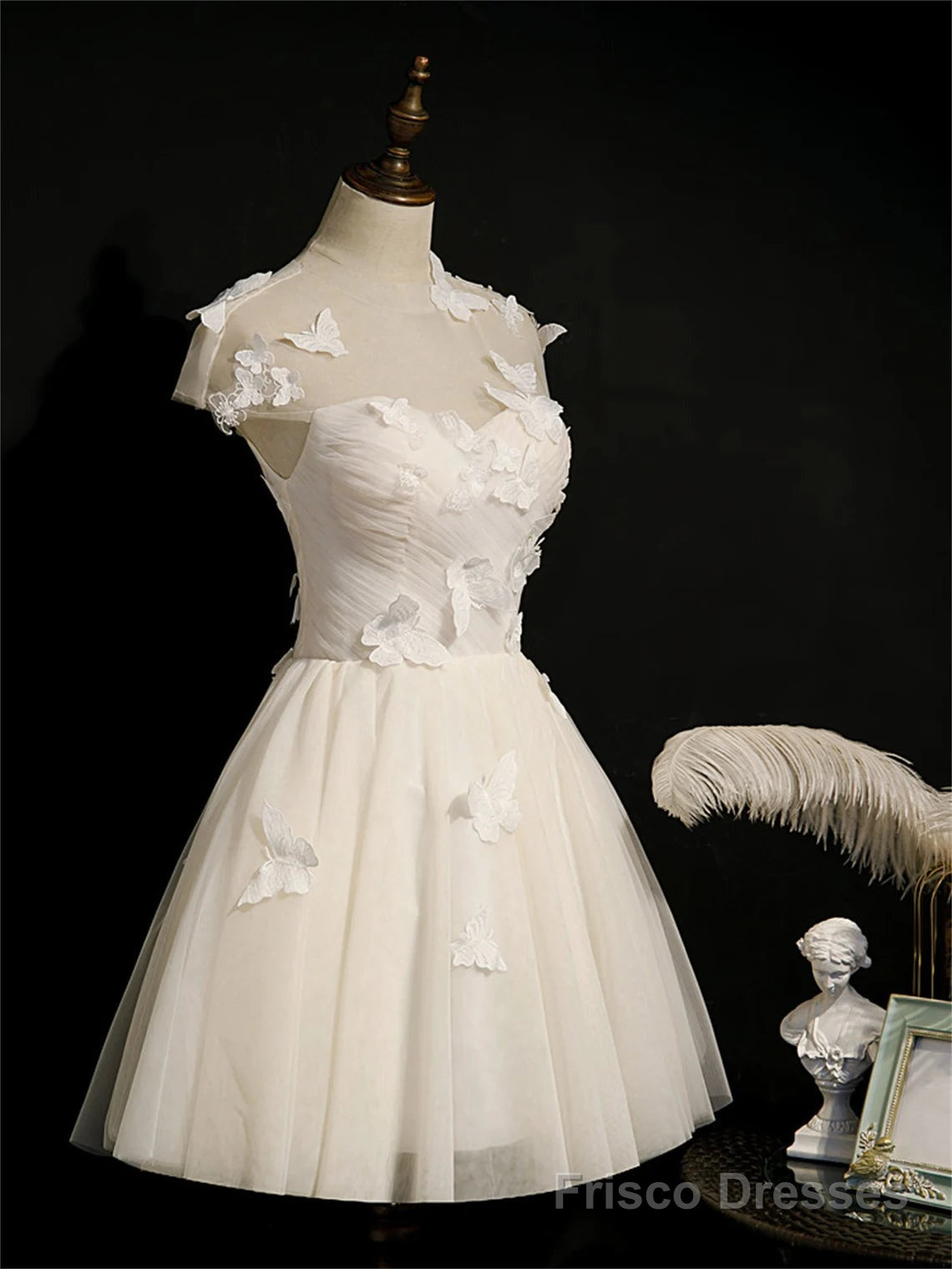 Ivory Homecoming Dress With Cap Sleeves, Butterfly Appliques Short Prom Dress Main image