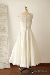 Ivory Illusion Boat Neck Tea Length Sleeveless Wedding Dresses