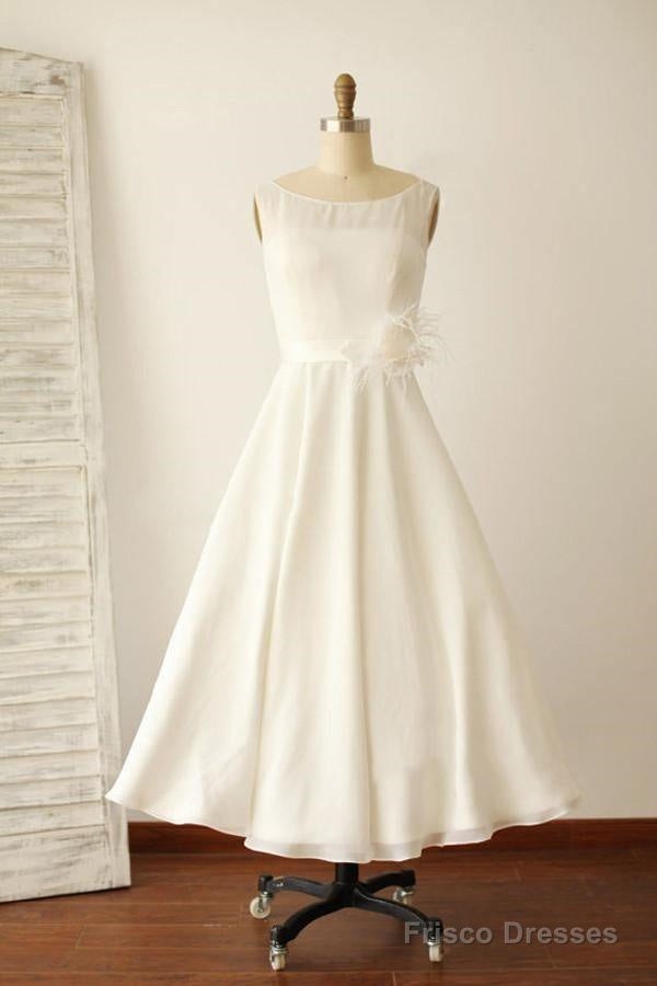 Ivory Illusion Boat Neck Tea Length Sleeveless Wedding Dresses Main image