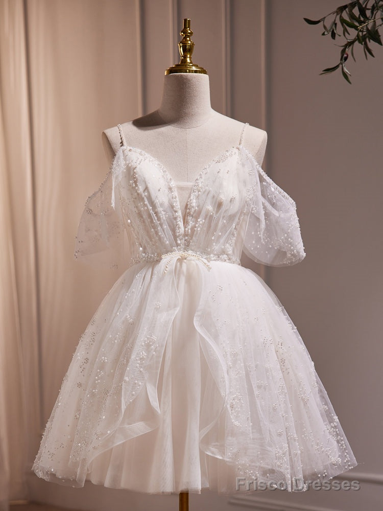 Ivory Knee Length V-Neckline Beaded Straps Party Dress, Ivory Homecoming Dress
