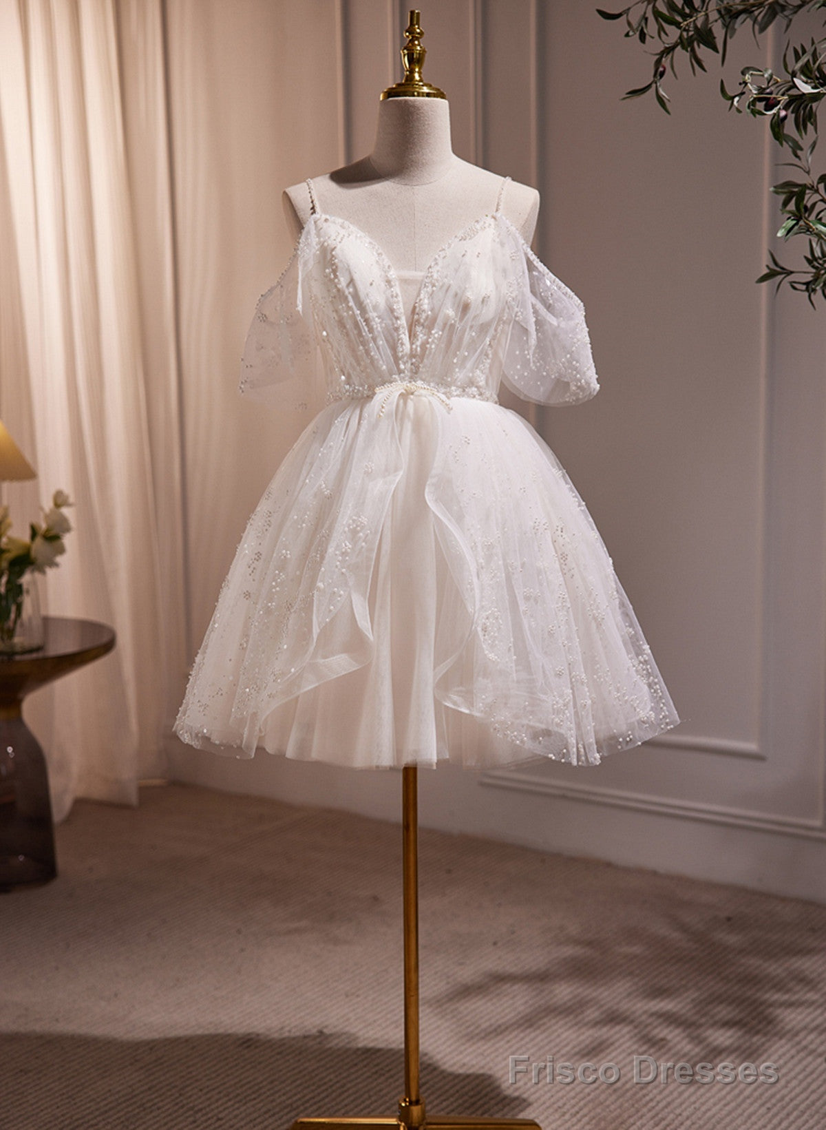 Ivory Knee Length V-Neckline Beaded Straps Party Dress, Ivory Homecoming Dress Main image