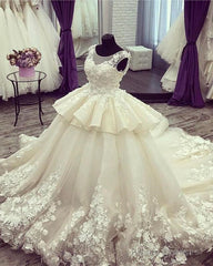 Ivory Lace Flowers Beaded Scoop Neckline Ball Gowns Wedding Dresses