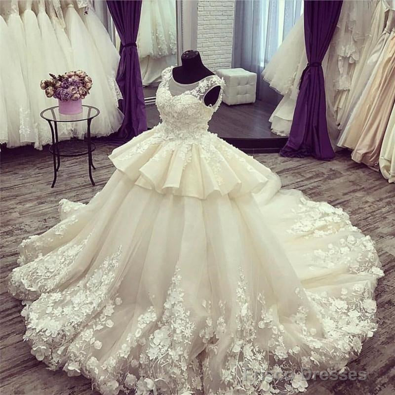 Ivory Lace Flowers Beaded Scoop Neckline Ball Gowns Wedding Dresses