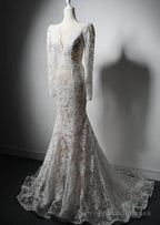 Ivory Lace Mermaid Long Sleeves Formal Dress, Lace Wedding Party Dress
