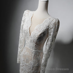 Ivory Lace Mermaid Long Sleeves Formal Dress, Lace Wedding Party Dress