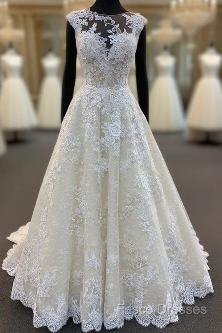 Ivory Lace Round Neck Cap Sleeve Sweep Train Custom Size Wedding Dress, Formal Prom Dress Main image