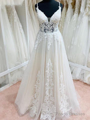 Ivory Lace Tulle V-Neck Backless Floor-Length Spaghetti Straps A-Line Wedding Dresses Prom Dress