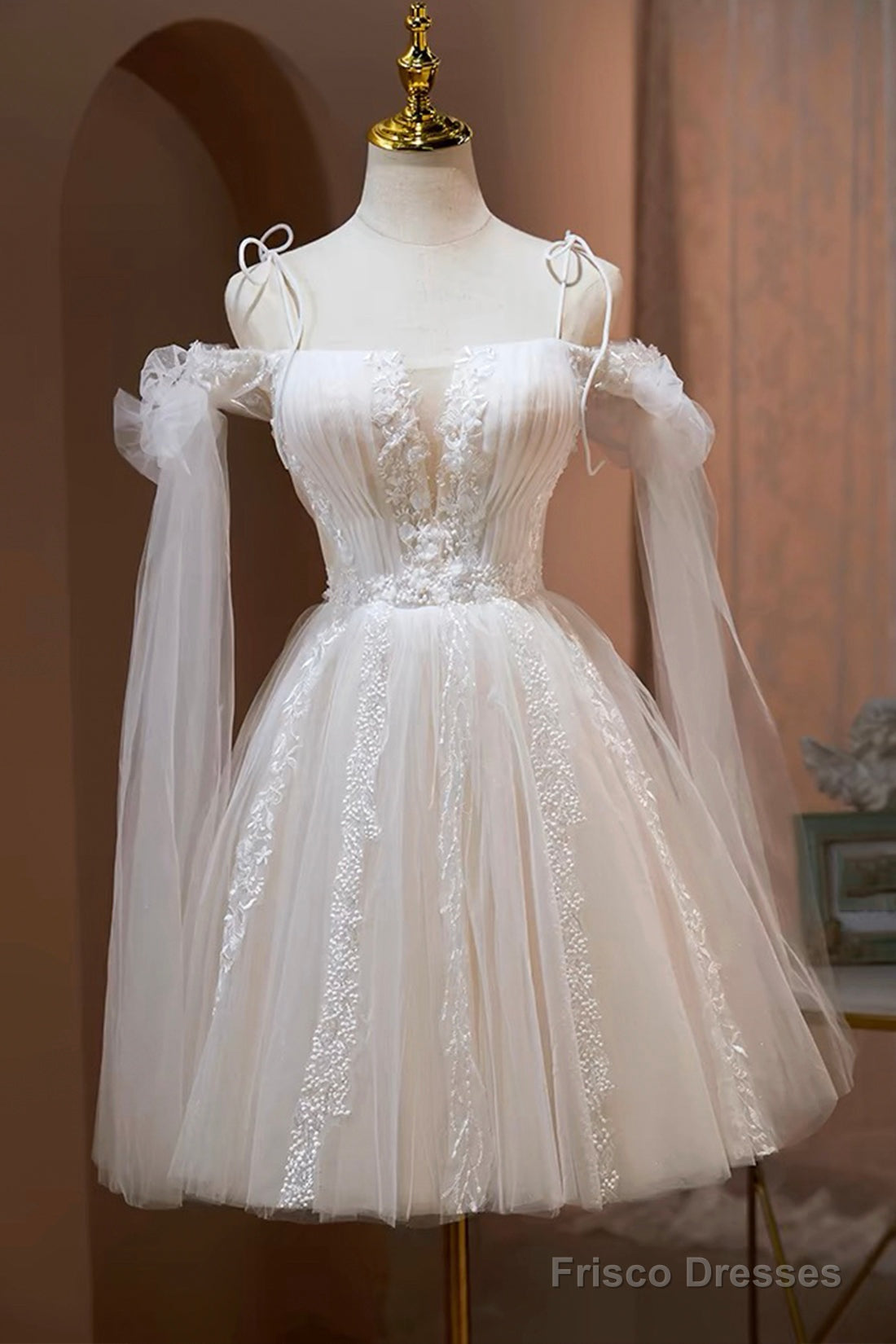 Ivory Off-The-Shoulder Spaghetti Strap Lace Knee Length Prom Dress Main image