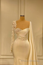 Ivory One Shoulder Asymmetric Formal Prom Dress with Ruffles