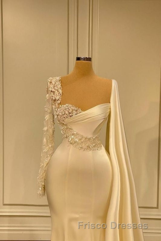 Ivory One Shoulder Asymmetric Formal Prom Dress with Ruffles