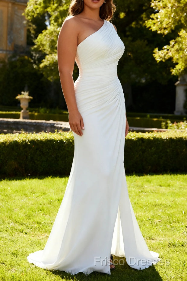 Ivory One Shoulder Long Sheath Beach Engagement Dress with Slit