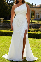 Ivory One Shoulder Long Sheath Beach Engagement Dress with Slit