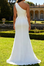 Ivory One Shoulder Long Sheath Beach Engagement Dress with Slit