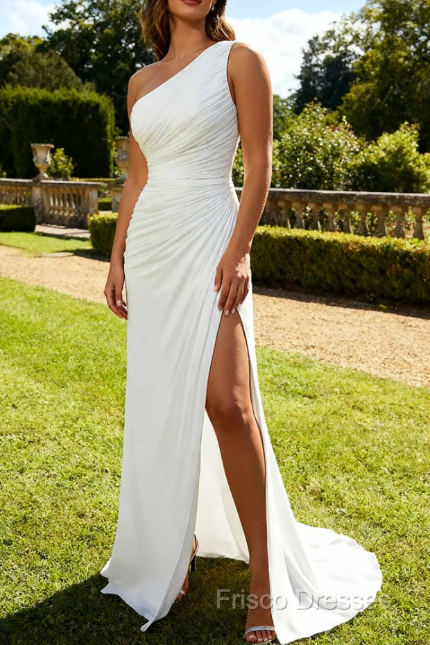 Ivory One Shoulder Long Sheath Beach Engagement Dress with Slit