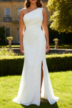 Ivory One Shoulder Long Sheath Beach Engagement Dress with Slit