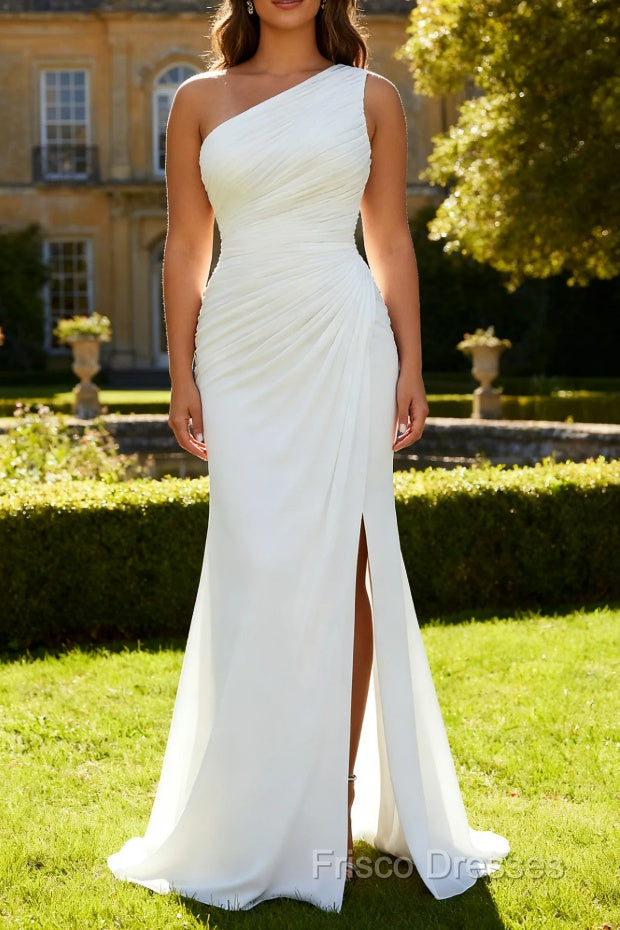 Ivory One Shoulder Long Sheath Beach Engagement Dress with Slit