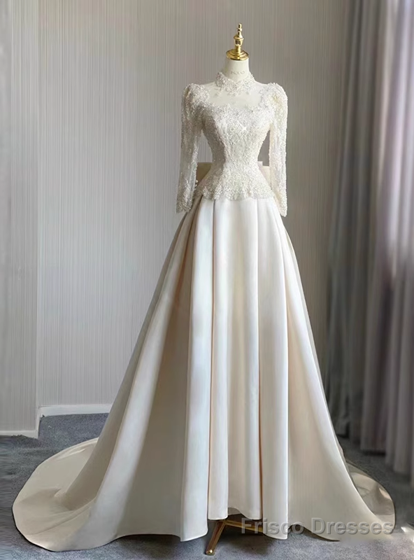 Ivory Satin Long Sleeve Wedding Dress – Frisco Dresses