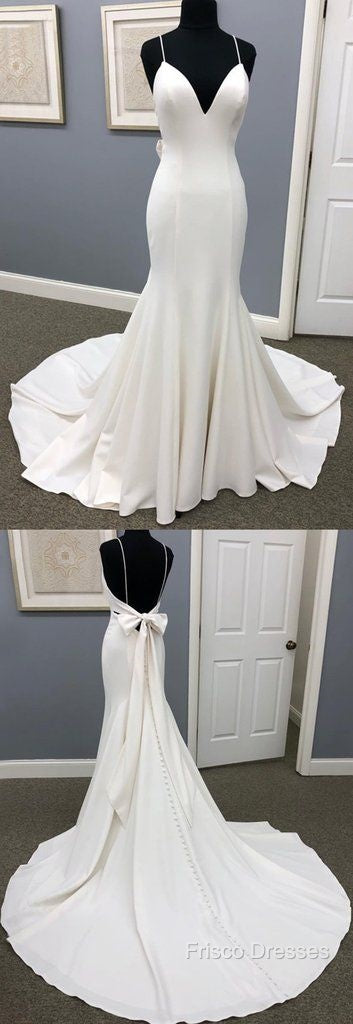 Ivory Satin Spaghetti Straps Open Back Sweet Train Wedding Dress, Formal Prom Dress Secondary image