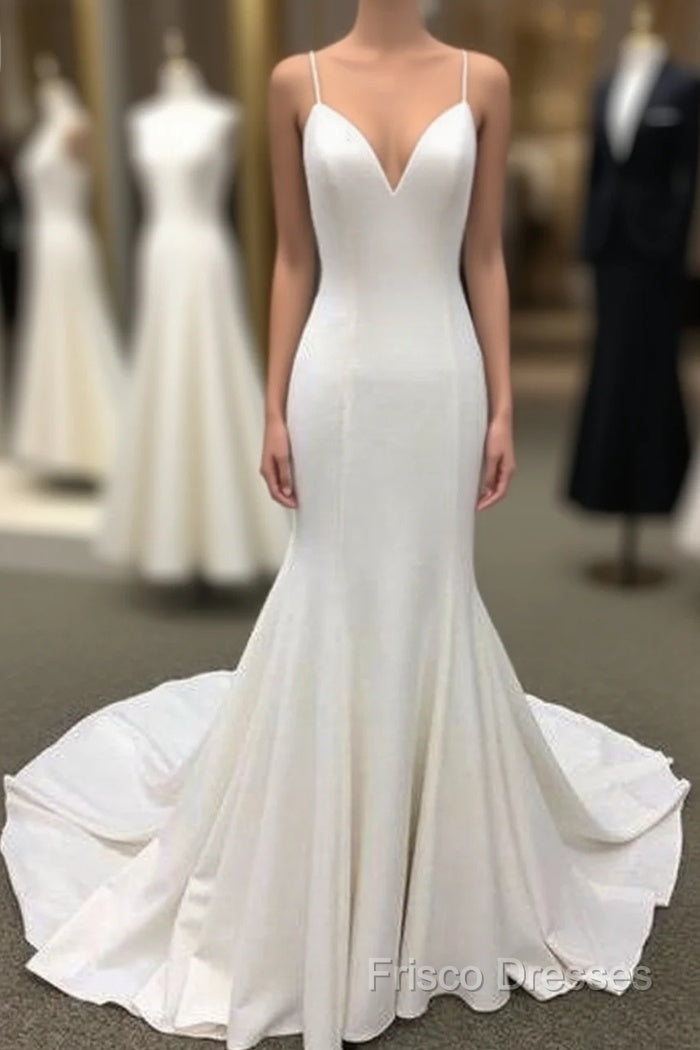 Ivory Satin Spaghetti Straps Open Back Sweet Train Wedding Dress, Formal Prom Dress Main image