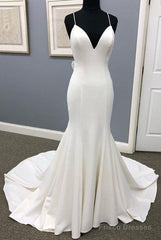 Ivory Satin Spaghetti Straps Open Back Sweet Train Wedding Dress, Formal Prom Dress