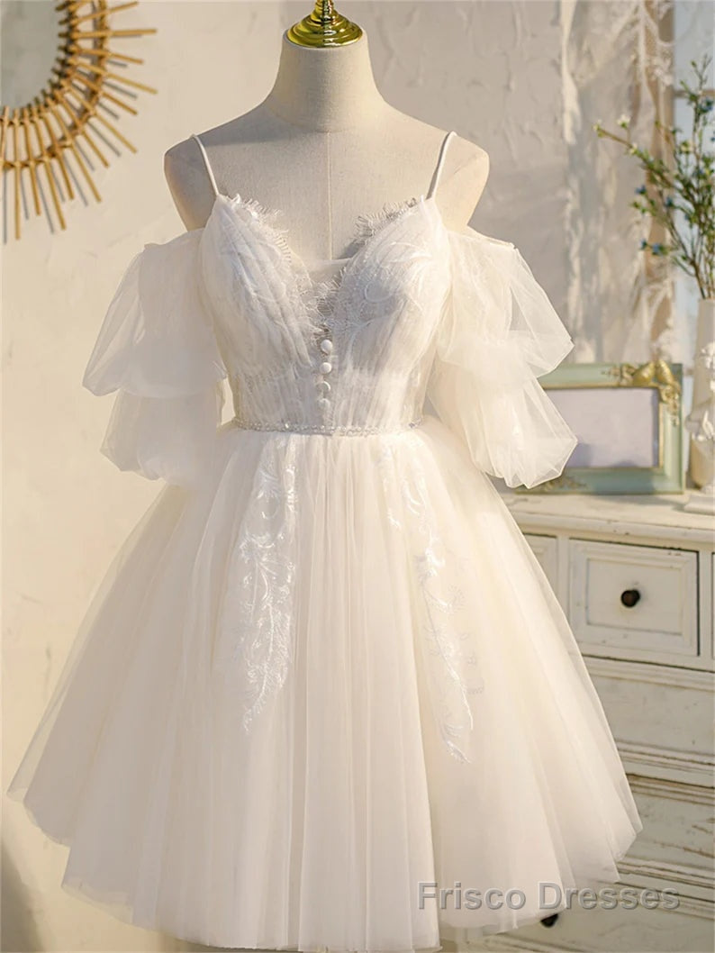Ivory Spaghetti Strap V-neck Lace Homecoming Dress, Tulle Short Prom Dress Secondary image