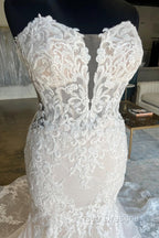 Ivory Strapless Floral Lace Trumpet Long Bridal Gown Wedding Dress