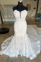 Ivory Strapless Floral Lace Trumpet Long Bridal Gown Wedding Dress